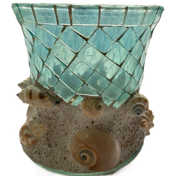 NAUTICAL Teal Blue Green Mosaic Glass Vase with Shell and Sand Design